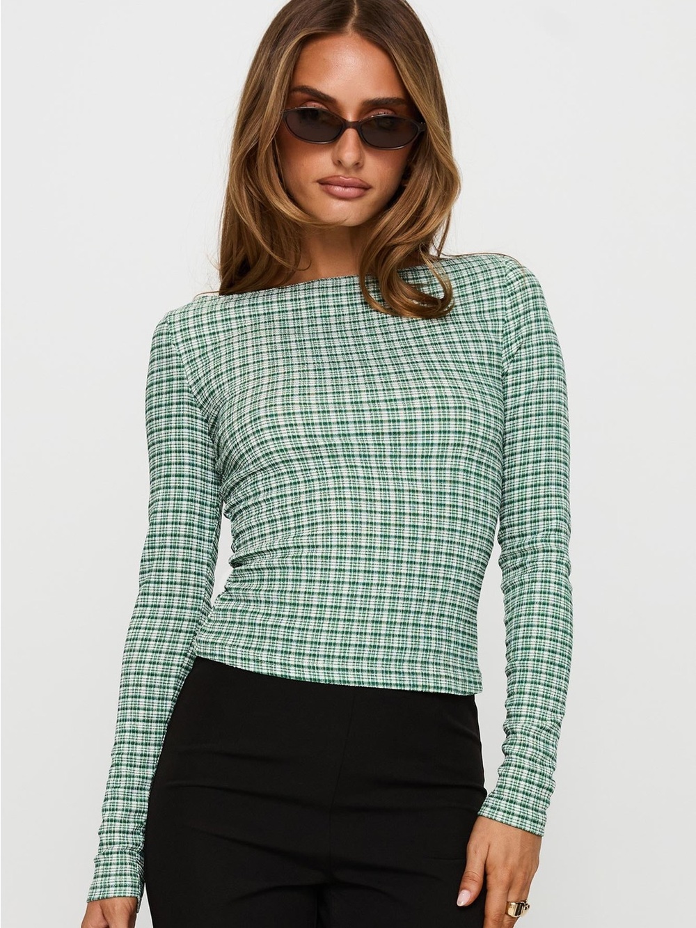 Princess Polly Every Second Boat Neck Long Sleeve Top Green Check